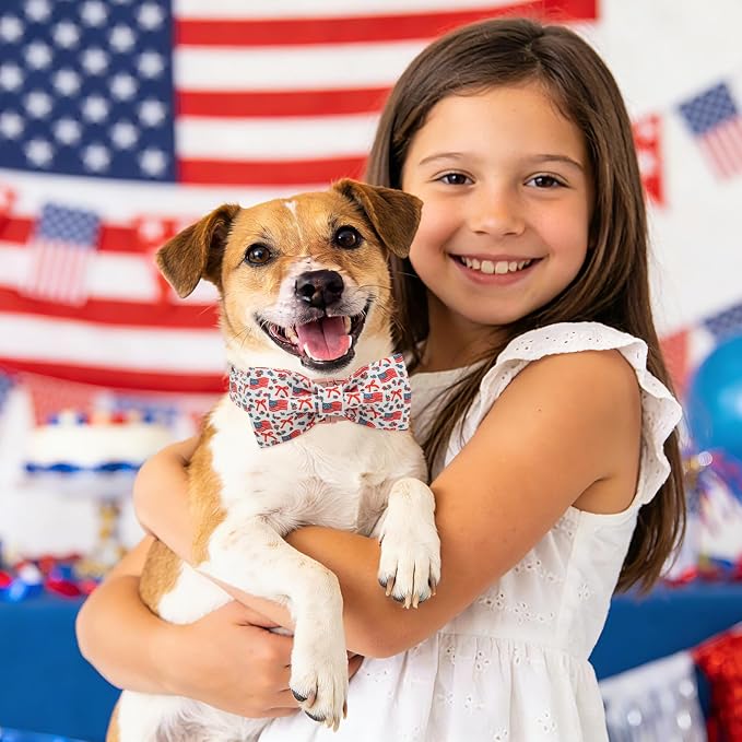 DOGWONG American Flag Dog Collar with Bow - Adjustable and Comfortable 4th of July Dog Collar Patriotic Necklace for Large Medium Small Pet,L