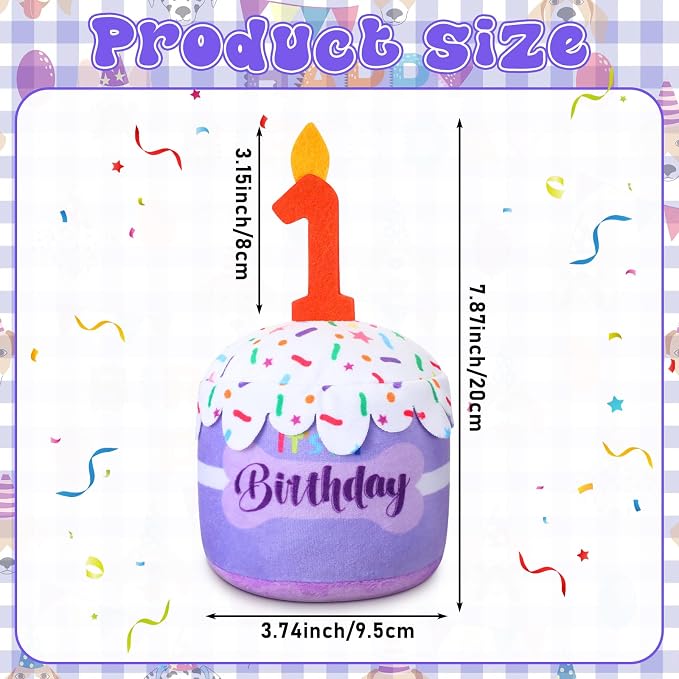Dansydaisy Dog Birthday Cake Toy Squeaky Plush Toy for Girl Boy Gifts, Chew Accessories for Dog Birthday Party Decor Favor for Large, Medium and Small Dogs(1st,Purple)