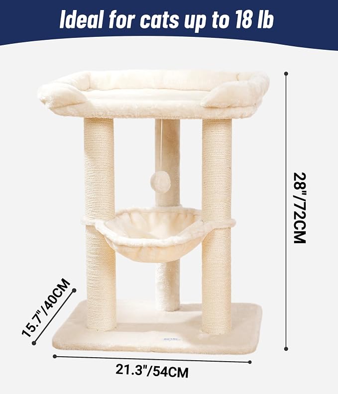 Happi N Pets 28" Cat Tree, Large Bed for Big Cats, Small Cat Tower with Soft Perch for Window Viewing, Stable Cat Tree Tower, Cat Scratching Post with Hammock, Removable Cover-Beige