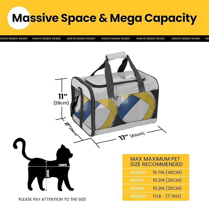 Conlun Cat Carrier Airline Approved, Soft-Sided Dog Carrier with Inner Safety Leash, Pet Transport Carrier for Small-Medium Cats Puppies up to 15 Lbs, Collapsible Travel Kitten Carrier Bag -Gray M