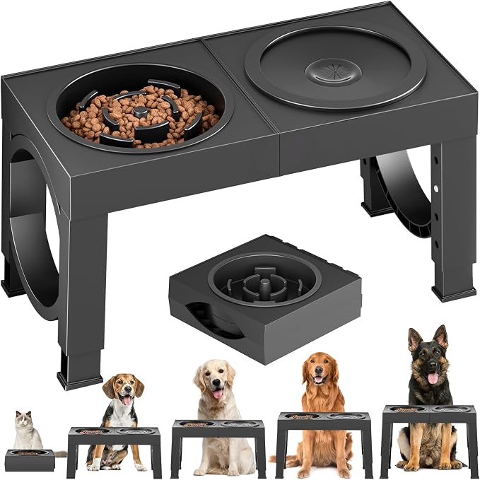 XIAZ Elevated Dog Bowls Large Breed Raised Dogs Bowl Stand Large/Medium Sized Dog Slow Feeder Dogs Bowls Food Water Stands 5 Heights Adjustable 9/11/12/14in Pet Feeder Dish Station