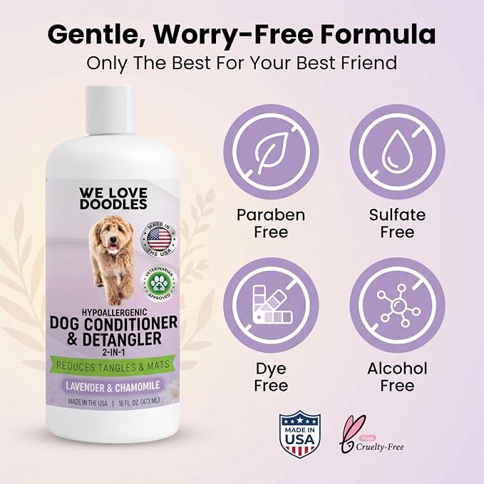 4-in-1 Dog Shampoo & Dog Conditioner, Puppy Pet Wash Soap, Lavender, 16 oz | Best for Goldendoodles, Poodles & Doodles, Hypoallergenic, Tearless, Sensitive Skin for Puppies & All Dog Breeds, Made in USA