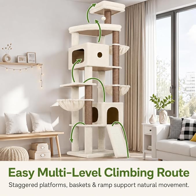 Globlazer F83C Pro Max Heavy Duty Maine Coon Cat Tree, 83in Tall Tower | Easy Assembly, Large Cats, 2 Condos, 3 Hanging Baskets, 2 Perches, 7 Sisal Scratching Posts, Anti-Topple Strap, Beige