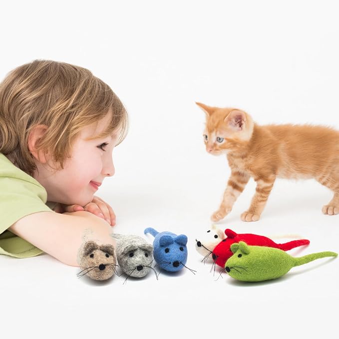 Glaciart One Felt Mouse Cat Toy – 6 Pcs | Soft Fuzzy Enrichment 100% Natural Wool - Interactive Catnip Play Cat Toy Set - Safe for Pets, Non-AZO Colored Dyes
