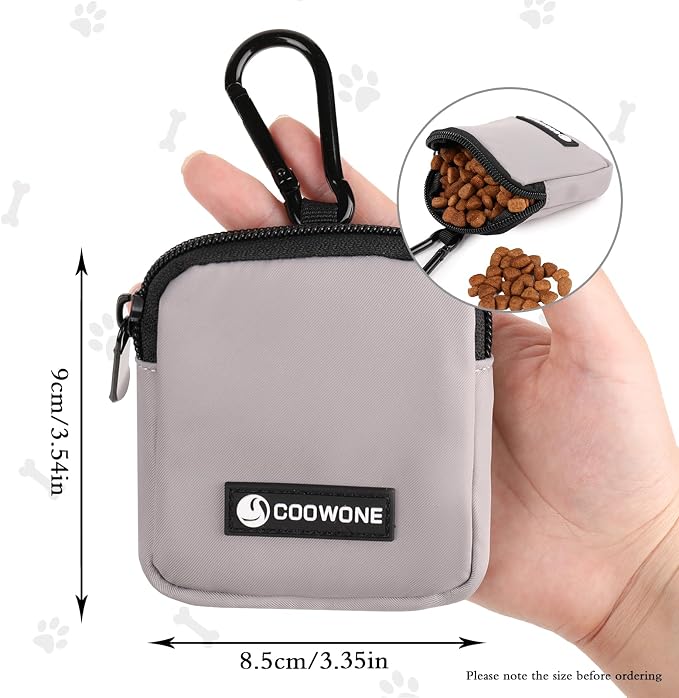 Dog Treat Pouch Pocket Sized Pet Puppy Training Pouch for Dog Training Behavior Aids, Waterproof Nylon Fabric Dog Poop Bag Holder, Hands Free Dog Walking Bag with Metal Carabiner (Grey)