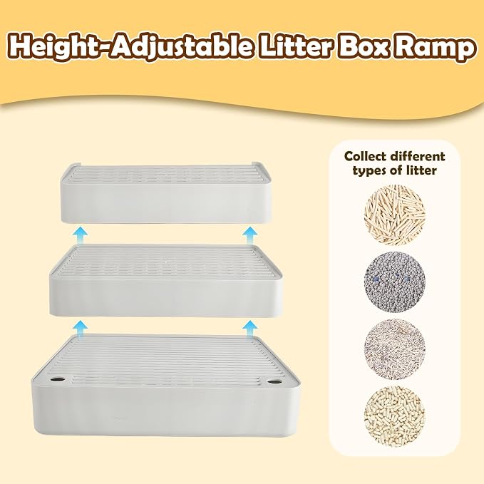 SpaceTime Adjustable Cat Ramp Cat Steps for Litter Box,Detachable Elevated Litter Mat Trapping Litter Box Mat with Filter Function for Floor,Non-Slip Catcher Stair for Small & Elderly Cats (Grey)