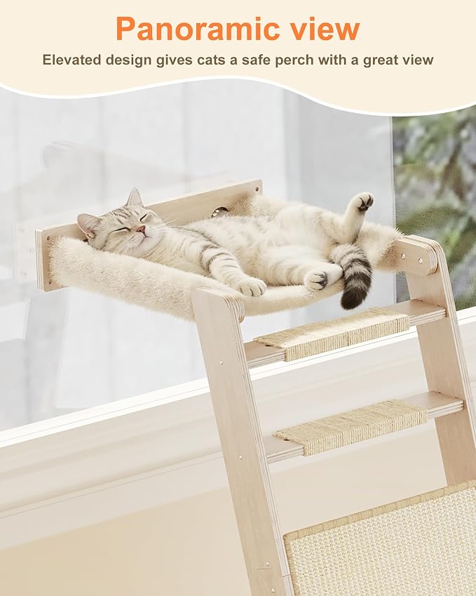 Cat Window Perch with Scratching Pad, 51'' Climbing Tree Include Hammock Cat Ladder with 2 Suction Cups for Sleeping, Playing and Watching Bird