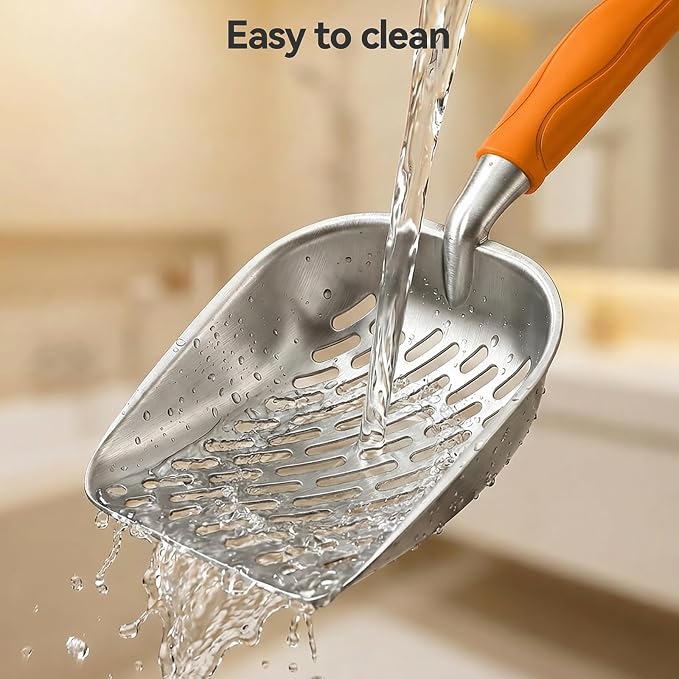 Cat Litter Scoop, Large Long Handle Kitty Metal Scooper, Heavy Duty Aluminum Deep Sifter, Ergonomic Non-Slip Grip, Rustproof Durable Poop Cleaner for Cat Litter Box