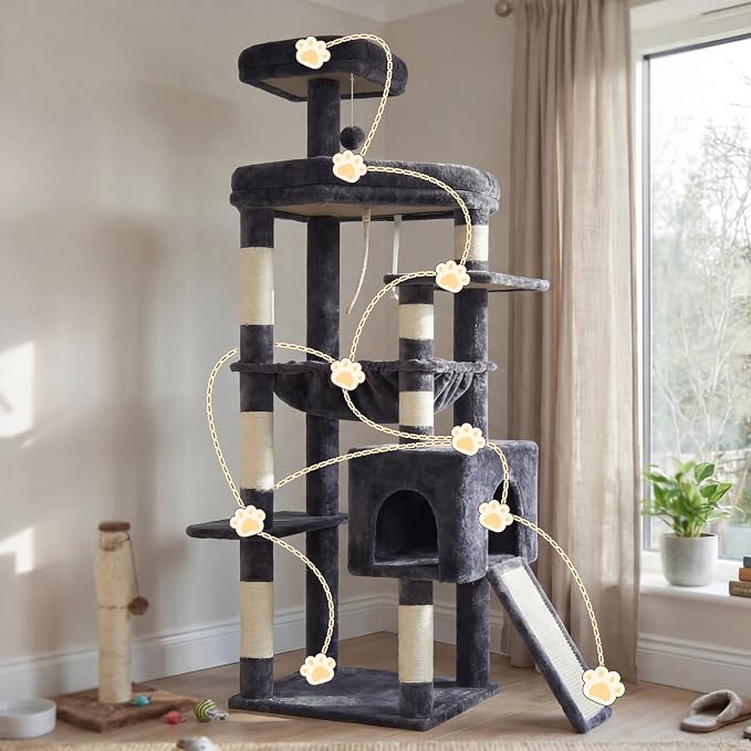 Heybly 64.2" Heavy-Duty Cat Tree for Large Cats with Wide Base HCT027G | Indoor Cat Tower with Scratching Posts & Board, Cat Furniture with Big Platforms, Extra-Large Hammock, Smoky Gray