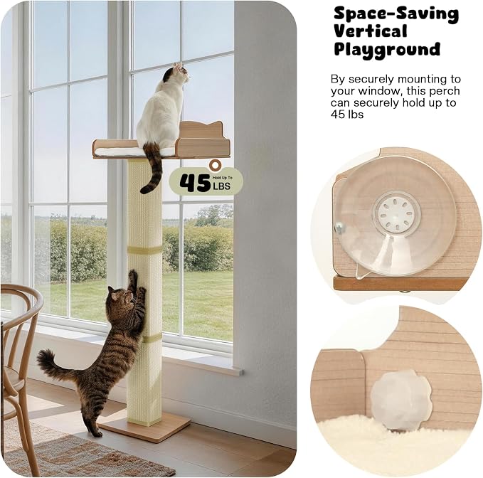 Cat Window Perch with Thick Sisal Scratching Post, Cat Hammock for Window, 53.5" Adjustable Tall Cats Scratching Post with 2 Upgrade Suction Cups, Cats Window Bed with Fluffy Cushion, Sisal