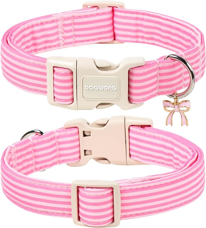 DOGWONG Pink Dog Collar, Pink Striped Dog Collar with Plastic Buckle, Summer Spring Cute Girl Female Dogs Collars for Small Medium Dogs, Neck 14-21 inches