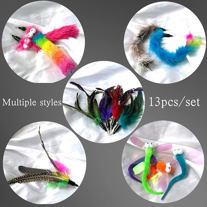 AcceLeah Cat Worm Toy Refills Cats Teaser Toys Wand Replacement Cat Wand Attachments 13Pcs Cat Worms and Dragonfly Refill,Cat Wand Toy Assorted Teaser Refills with Bell (13Pcs)