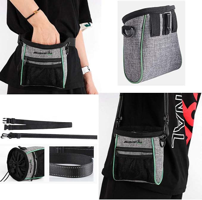 Portable Dog Treat Pouch Pet Puppy Treat Bag for Training Animal Walking Snack Container Bait Holder Kibble Hiking Toy Carries Pack with Waist Belt, Shoulder Strap, Built-in Poop Bag Dispenser