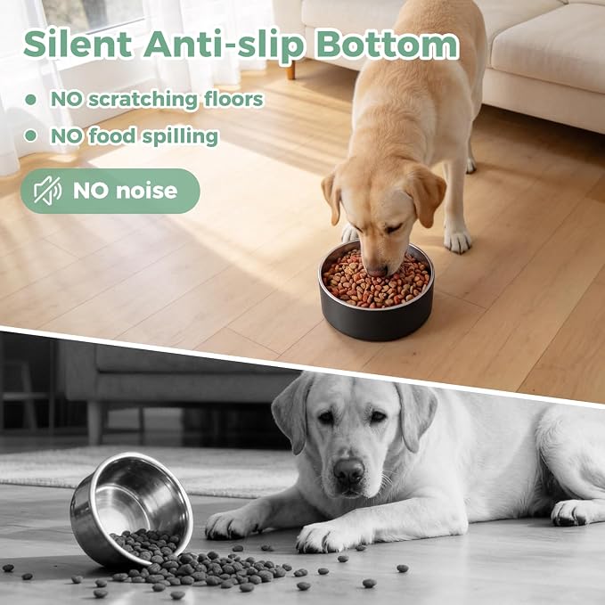 LIHONG Stainless Steel Dog Bowls for Large Dogs,Dog Food Water Bowls with Non Slip Rubber Bottom,Pet Feeding Bowl,Double Wall Insulated,Rustproof(64oz,Black)