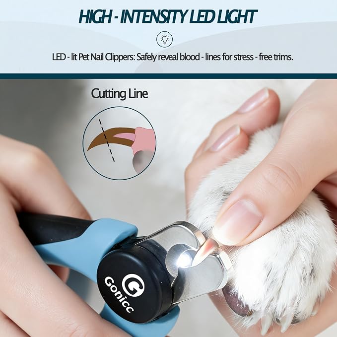 gonicc LED Pet Nail Clippers for Small Dogs and Cats | Light-Up Dog Nail Trimmer with Safety Lock & Built‑in File, Professional Stainless Steel Nail Clippers for Pets