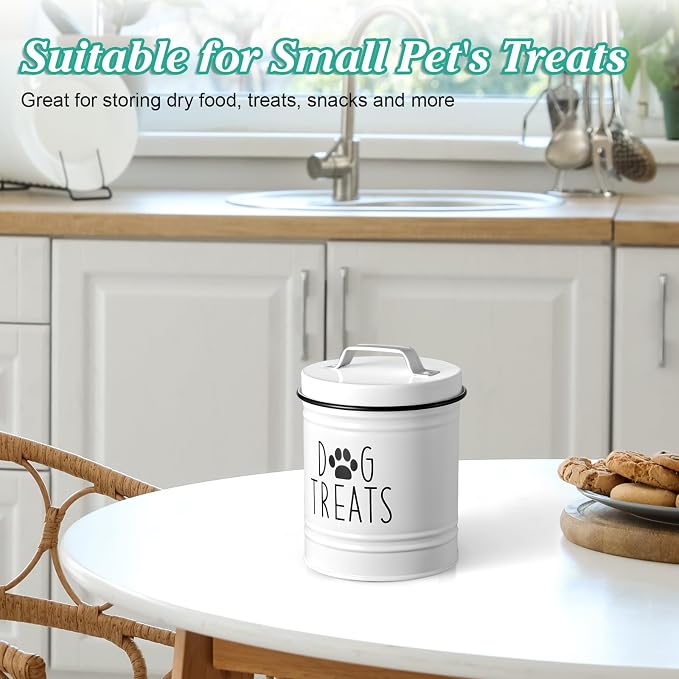 OUTNILI Small Dog Treat Container Airtight - 6" Tall X 4.9" Round White Dog Treat Jar for Kitchen Counter - Rustic Treat Storage Canister for Dogs, Cats, Small Animals - Gifts for Pet Owners