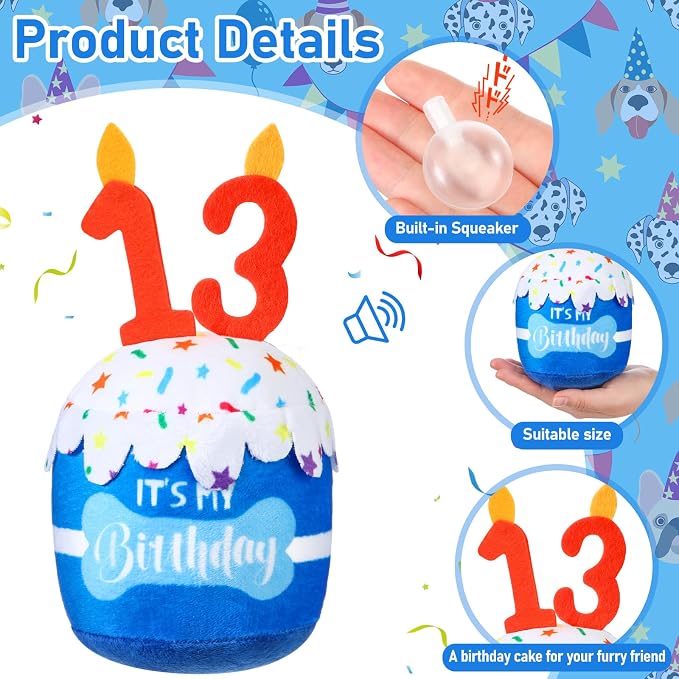 Dansydaisy Dog Birthday Cake Toy Squeaky Plush Toy for Girl Boy Gifts, Chew Accessories for Dog Birthday Party Decor Favor for Large, Medium and Small Dogs(13th,Blue)
