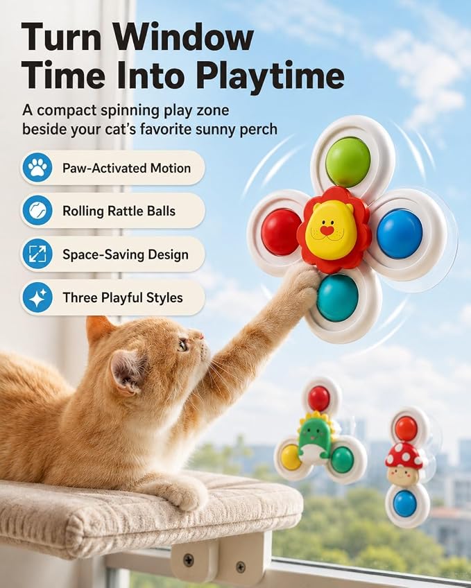 Cat Suction Cup Spinner Toy Colorful Balls Paw Activated Motion Indoor | Pets Window Perch Playmate Glass Mount 3 Designs Compact ABS Build Wipe Clean Surface Strong Grip(3sets)