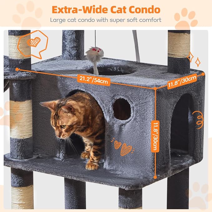Taoqimiao Large Cat Tree, 73 in Tall Cat Tower with 2 Plush Big Cat Condos | 9 Scratching Posts, 2 Top Perches, Cozy Hammock & Basket, Indoor Cats, 2 Pompoms & Mouse Toy, Smoky Gray, MS013XLG
