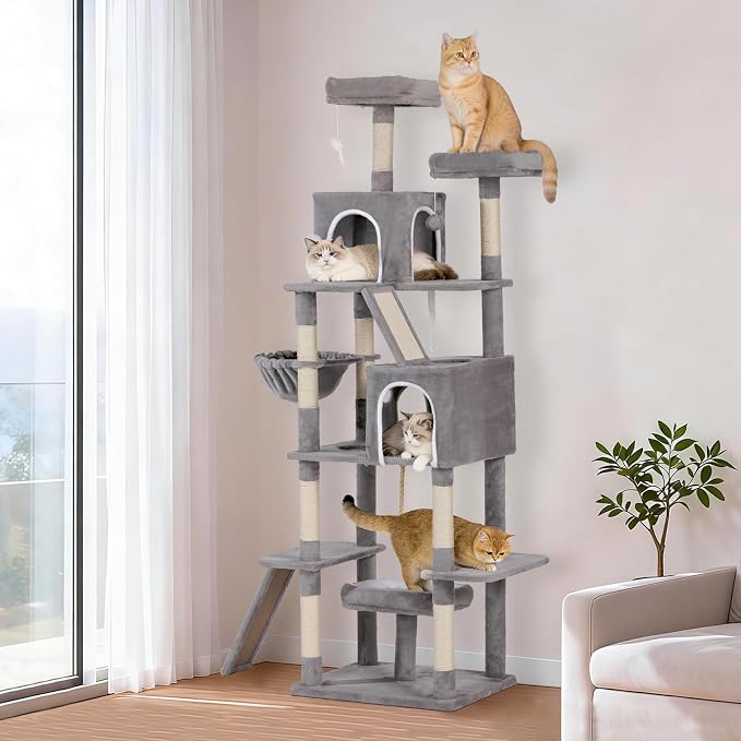 Multi-Level Cat Tree Large Cat Tower with Scratching Posts, Cat Condo for Adult Cats Kittens, Perches and Hammock (Light Gray)
