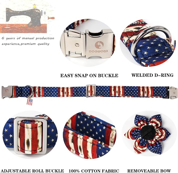 DOGWONG Ameirican Flag Dog Collar with Flower - Independence Flower Dog Collars, Adjustable Patriotic Pet Collars 4th of July Dog Collar for Small Medium Large Dogs