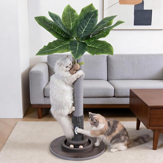 WOOCHPET Cat Scratching Post for Indoor Cats 35" Tall, Sisal Cat Scratcher with Mouse Toy and Track Balls, Wooden Base (Grey)