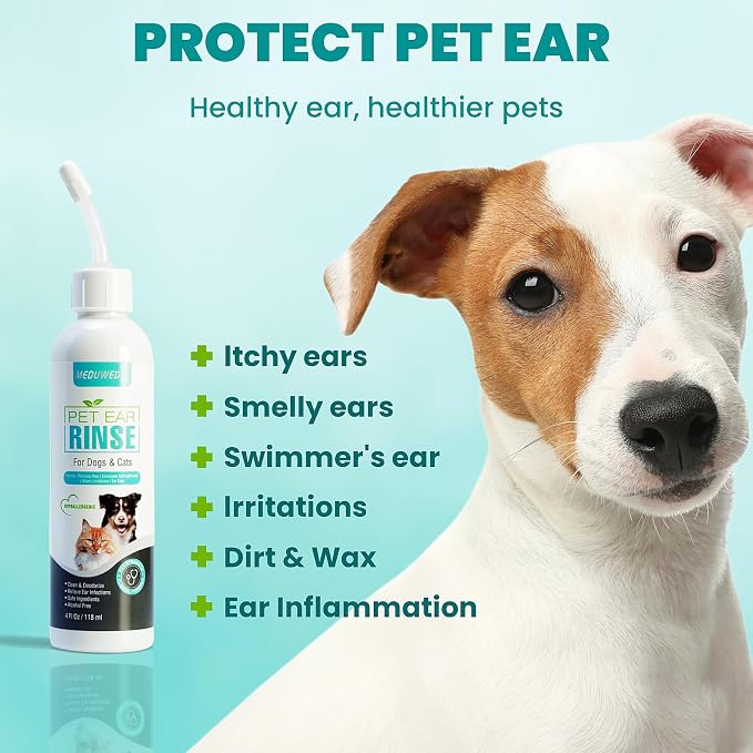 MEDUWEDU Dog Ear Cleaner, Dog Ear Care Liquid, Dog and Cat Ear Cleaner to Eliminates Ear Odour, Dirt and Debris Pet Ear Cleaner Solution,Remove Wax, Dirt & Stop Smelly, Itchy, Non-Irritating, 4 Fl oz