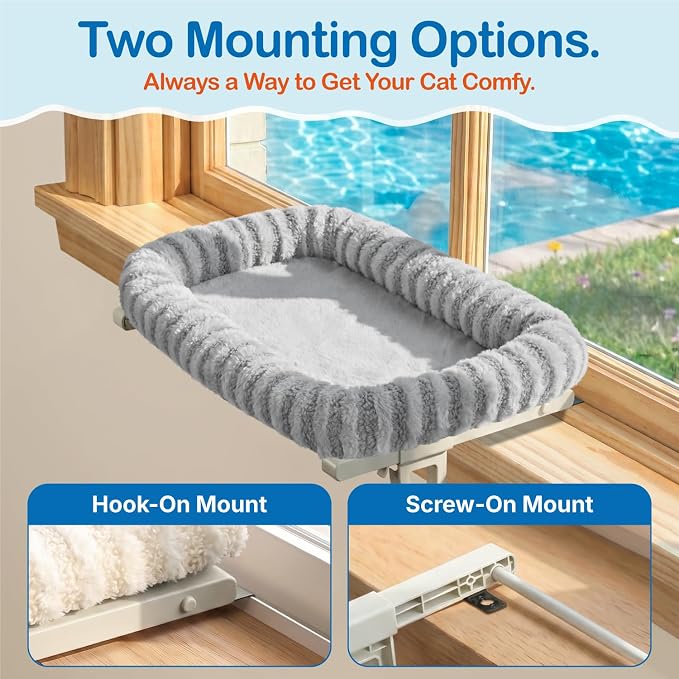 Zakkart Mellow All-Around Cat Hammock for Windowsill, Dual-Mount (Gray, M) | Hook-On or Screw-On Installation, Machine Washable Bed, Heavy Duty ABS & Metal Frame, Support up to 40 lbs.