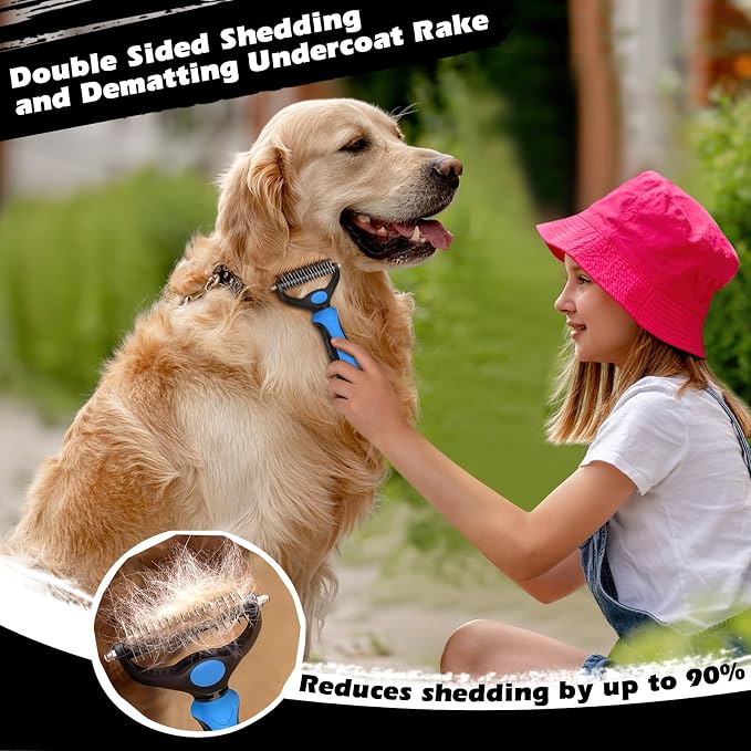Professional 3PCS Self Cleaning Slicker Brush & Pet Grooming Rake & Flea Comb for Dogs,Cats and Horses | Double-Sided Dematting Comb & Skin Friendly Deshedding Grooming Tool | Pet Supplies (Blue)