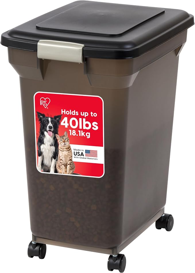 IRIS USA Dog Food Storage Container, Up to 40 lbs, Smoke, Made in USA | Wheels for Mobility, Airtight Seal, BPA-Free, Best for Bird Seed, Cat food, Cat Litter, Chicken Feed, Pellets