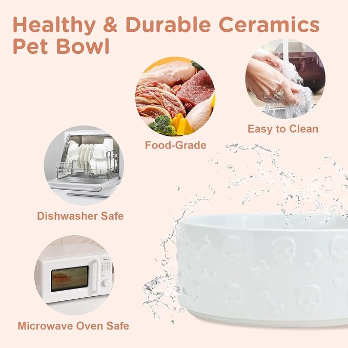 SPUNKYJUNKY Elevated Dog Bowls Ceramic, 6.1'' Dogs and Cat Food Water Bowls Raised with Non-Slip Bamboo Stand for Medium Sized Breed Microwave Dishwasher Safe - 28.7 OZ,Skull White