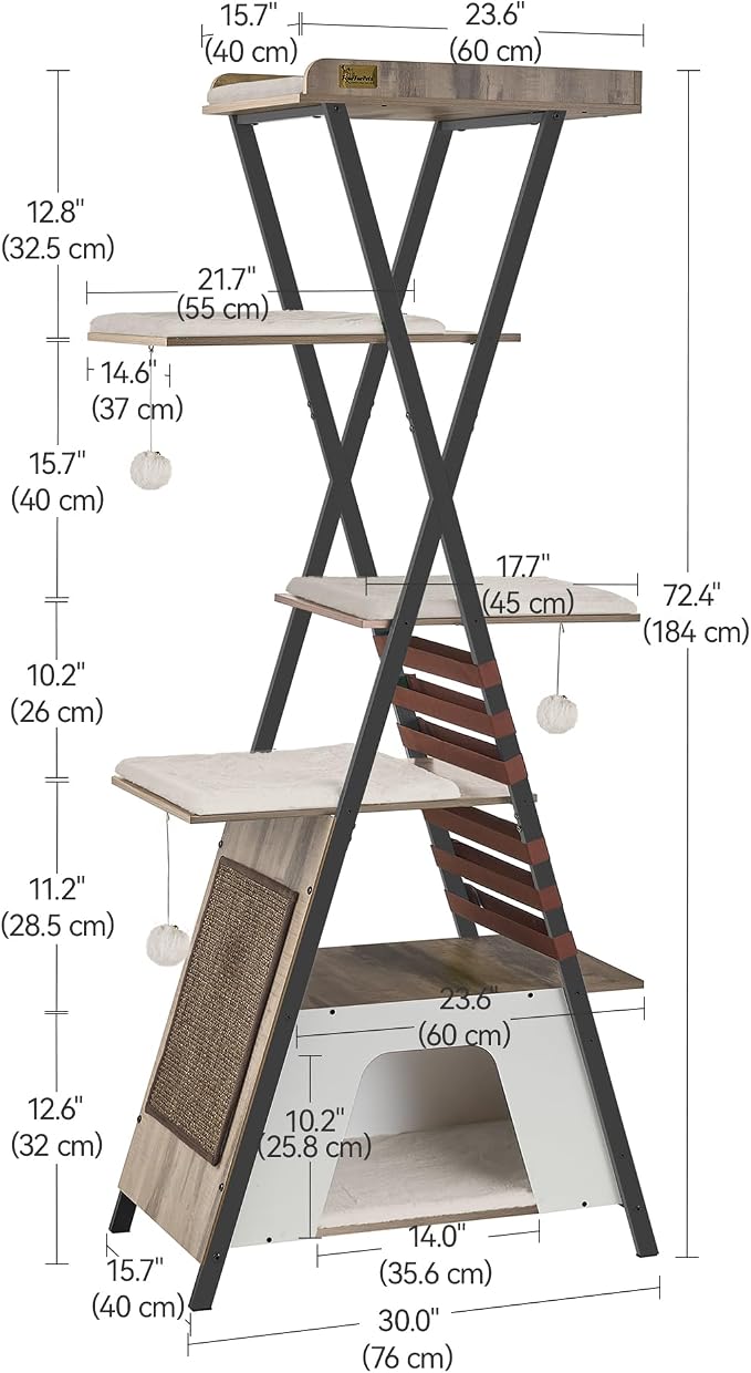 72.4" Cat Tree, Modern Cat Tower for Indoor Cats, Multi-Level Cat Condo with Caves, Tall Cat Tree with Cat Scratching Board, Wooden Cat Tower with Large Perch, Removable Pads, Camel Brown