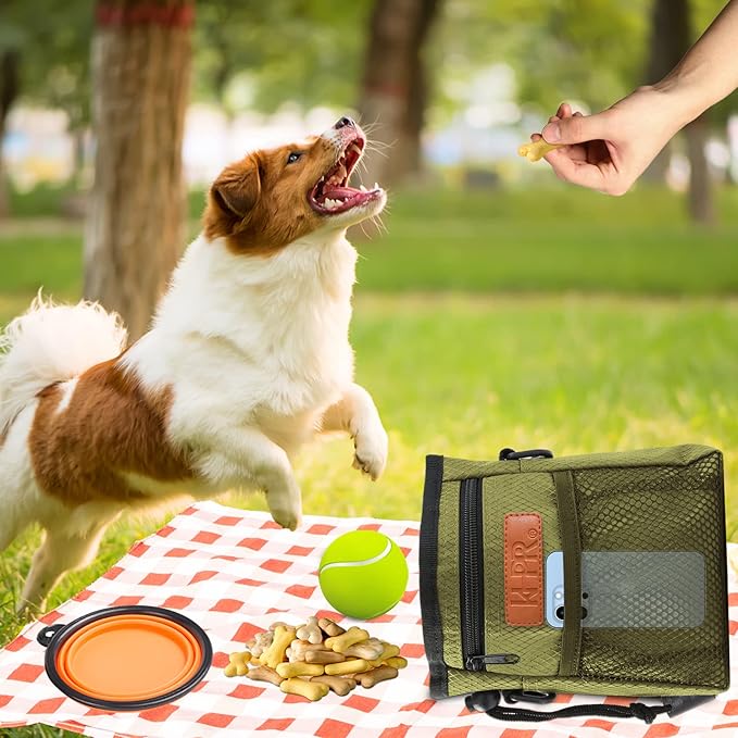 Dog Treat Training Pouch with Built-in Poop Bag Dispenser, Army Green | Easily Carries Pet Toys, Kibble, Treats, 3 Ways to Wear, Foldable Silicone Bowl, Quick One-Hand Access for Dog Walks & Hiking