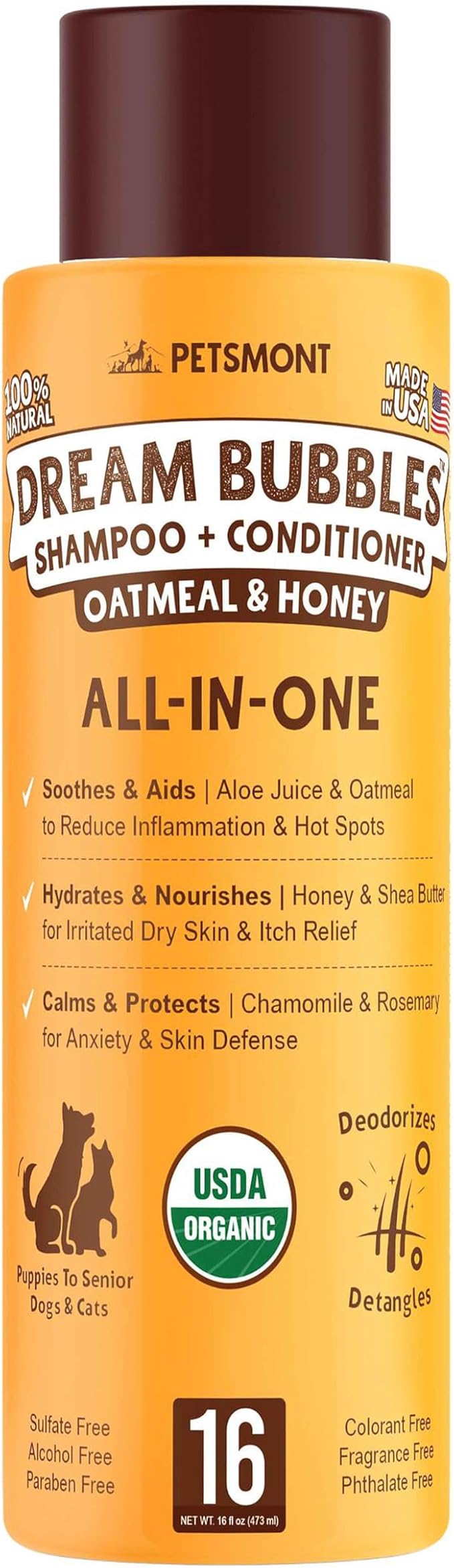 Petsmont Dream Bubbles Organic Shampoo + Conditioner for Dogs and Cats - Oatmeal Shampoo for Sensitive Skin, Anti Itch Conditioner 2 in 1 Dog Itch Relief - 16oz
