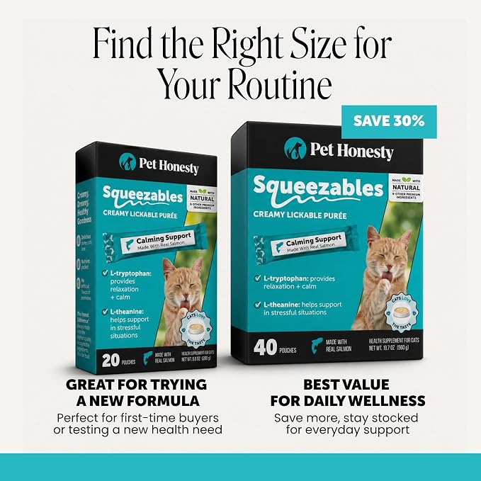 Cat Calming Lickable Treats for Anxiety Relief - Squeezable Calming Puree Pouches for Cats - Feline Stress Relief Behavior Support for Travel, Vet Visits, Grooming, & Separation (Salmon, 40 Ct)