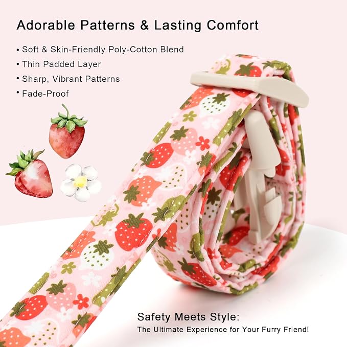 Strawberry Dog Collar for Medium Dogs - Cute Spring Pink Dog Collars, Summer Pastel Puppy Collars, Soft Adjustable Boy Girl Dogs Collar with Quick-Release Buckle M