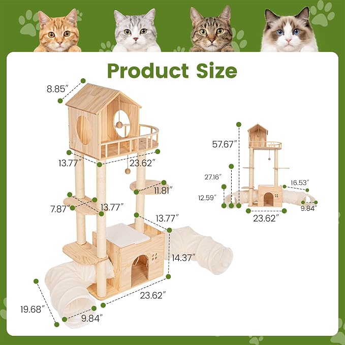 58 Inch Large Solid Wood Cat Tree, Tall Cat Tower for Indoor Cats, Cat Tree House with Double Tunnels, Sisal Scratching Posts, Washable Cushion, Hanging Balls, Natural