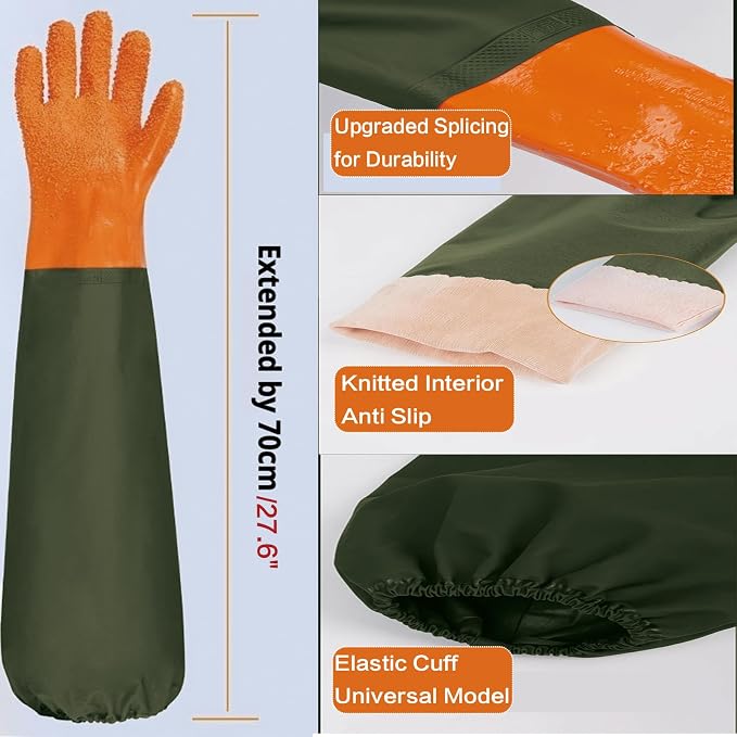 YOFANG Pet Grooming Gloves for Washing Dogs & Cats, 27.6" Extra Long Waterproof Rubber Bath Gloves, Anti-Bite Anti-Scratch Hair Removal Cat Bath Glove with Soft 3500+ Particles, Orange/Green