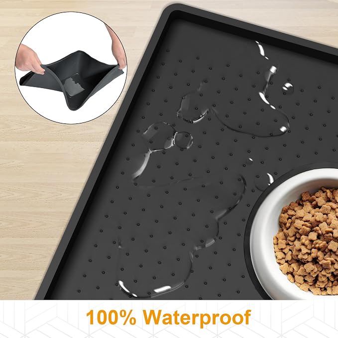 Mofason Pet Food Mat Waterproof Dog Mat 24”x16” Large – 0.5” inch Raised Edge,Cat Silicone Feeding Placemat Water Bowl Tray for Floors, Nonslip Washable Dog Mat for Food and Water