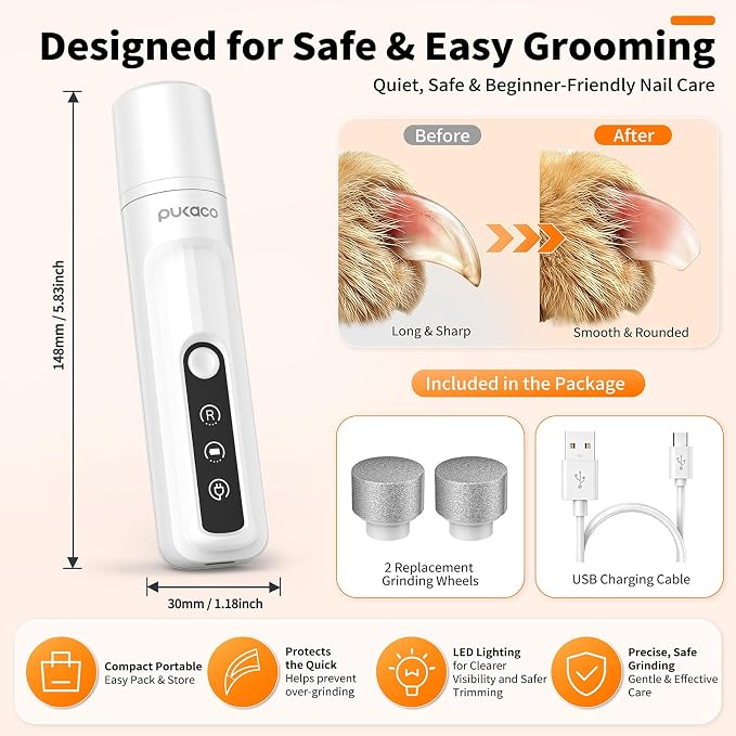 Dog Nail Grinder Whisper-Quiet Electric Cat Nail Trimmer with Light | 3 Grinding Bits, Smart Display, Low Vibration, Stress-Free Nail Grooming for Pets with Claw, No Over-Cutting, Rechargeable