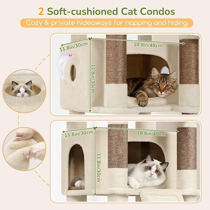 Globlazer 80in Tall Extra Large Heavy Duty Corner Cat Tree Tower, S80C | Sturdy Big Cat Tower for Indoor Cats Large Adult with Scratching Post, 2 Spacious Condos with Padding, 2 Perches, Beige