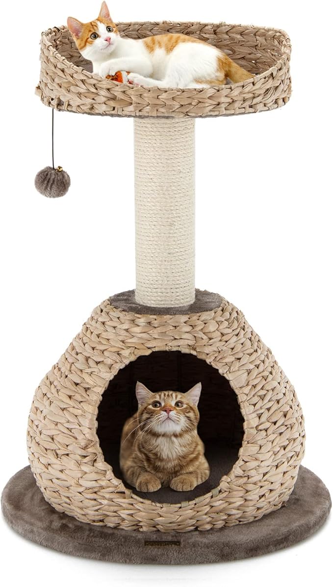 Modern Cat Tree Tower, Paper Rope Natural Bowl Shaped with Perch, Scratching Post, Rattan Cat Activity Tree for Kittens, 28" Tall
