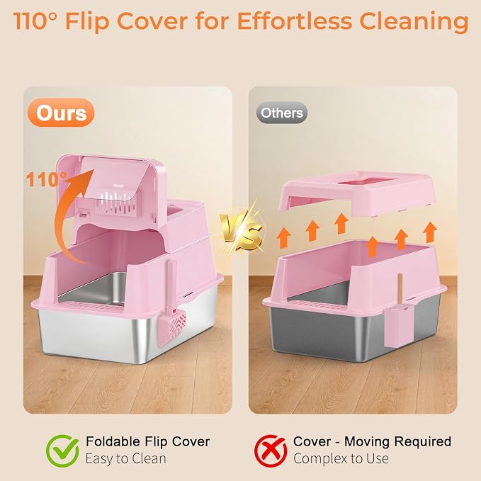 URPOWER Stainless Steel Cat Litter Box with 110° Flip-Top Lid, XL Enclosed Metal Litter Box for Large Cats, Odor Control, Anti-Urine Leakage, Non-Stick Pan, Front Entry Top Exit, Scoop & Mat Included