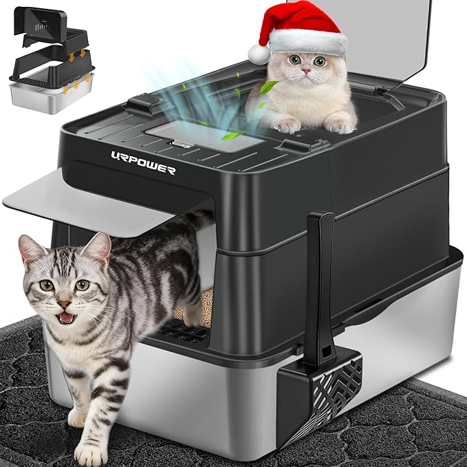 URPOWER Stainless Steel Cat Litter Box with 110° Flip-Top Lid, XL Enclosed Metal Litter Box for Large Cats, Odor Control, Anti-Urine Leakage, Non-Stick Pan, Front Entry Top Exit, Scoop & Mat Included