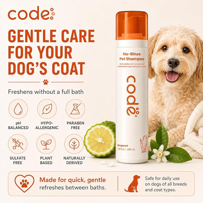 No-Rinse Pet Shampoo Foam, Waterless Dog Shampoo with Oatmeal, Aloe & Chamomile, Dog Shampoo Sensitive Skin, Hypoallergenic Dry Shampoo for Dogs, Bergamot Scent, 7.8 fl oz