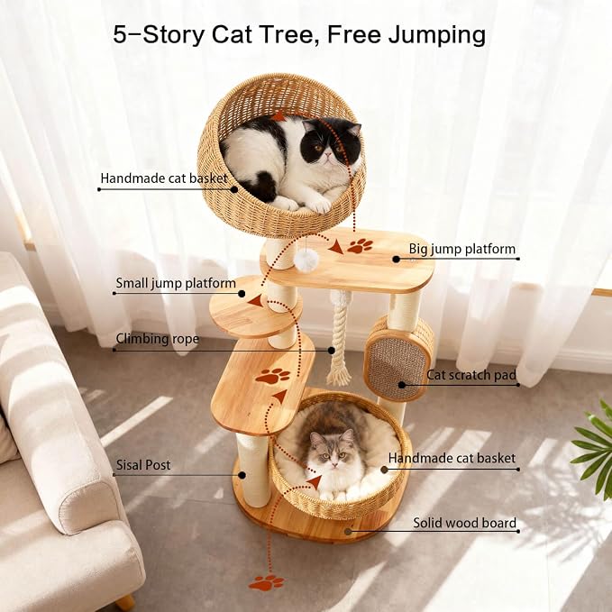 50 in Wooden Cat Tree for Indoor Cat, Large Cat Tower | Multi-Level Cat Condo,Modern Tall Design, with Scratching Post, with Hand-Woven Cat Bed, for Medium Size Cat, Easy to Clean