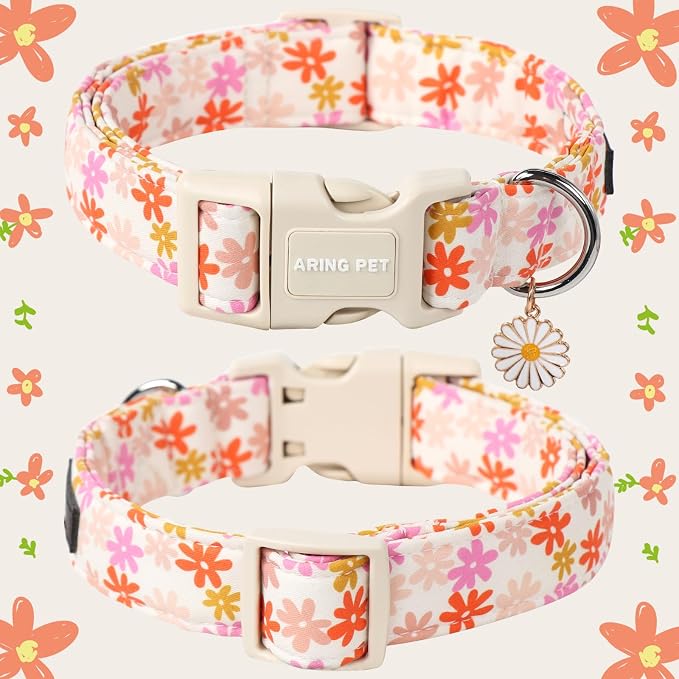 ARING PET Spring Summer Dog Collar-Cute Floral Doggy Collars for Small Dogs, Adjustable Cotton Sunflower Pet Collars Puppy Collar for Small Medium Large Dogs