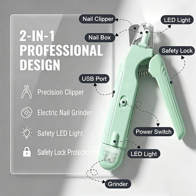 2-in-1 Dog Nail Grinder & Dog Nail Clipper for Sensitive Pets | Whisper-Quiet Claw Trimmer, with 2 LED Light & Safety Lock, Nail Clipping Collector Box, Painless Paws Grooming & Smoothing