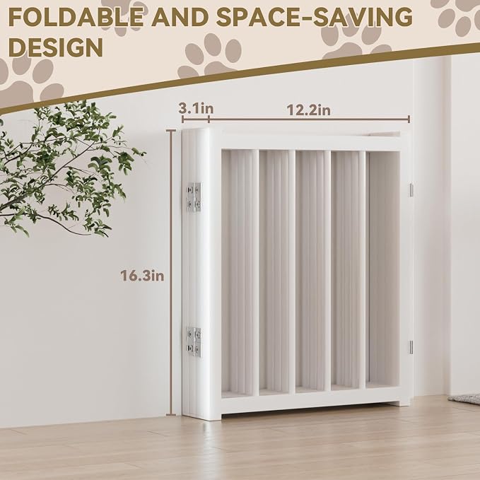 Snuowu 16" Freestanding Short Dog Gate for Small Dogs – Foldable & Retractable, Expands Up to 48" Wide, 4-Panel Pet Barrier for Doorways, Stairs & Hallways (White)