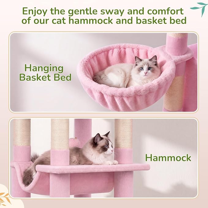 Globlazer Pink Corner Cat Tree Tower with Scratching Post, C51, Pink | 51in Space-Saving Multi-Level Cute Cat Condo for Indoor Cats with Hammock, Large Top Perch for Large Cats, Cozy Cat Cave
